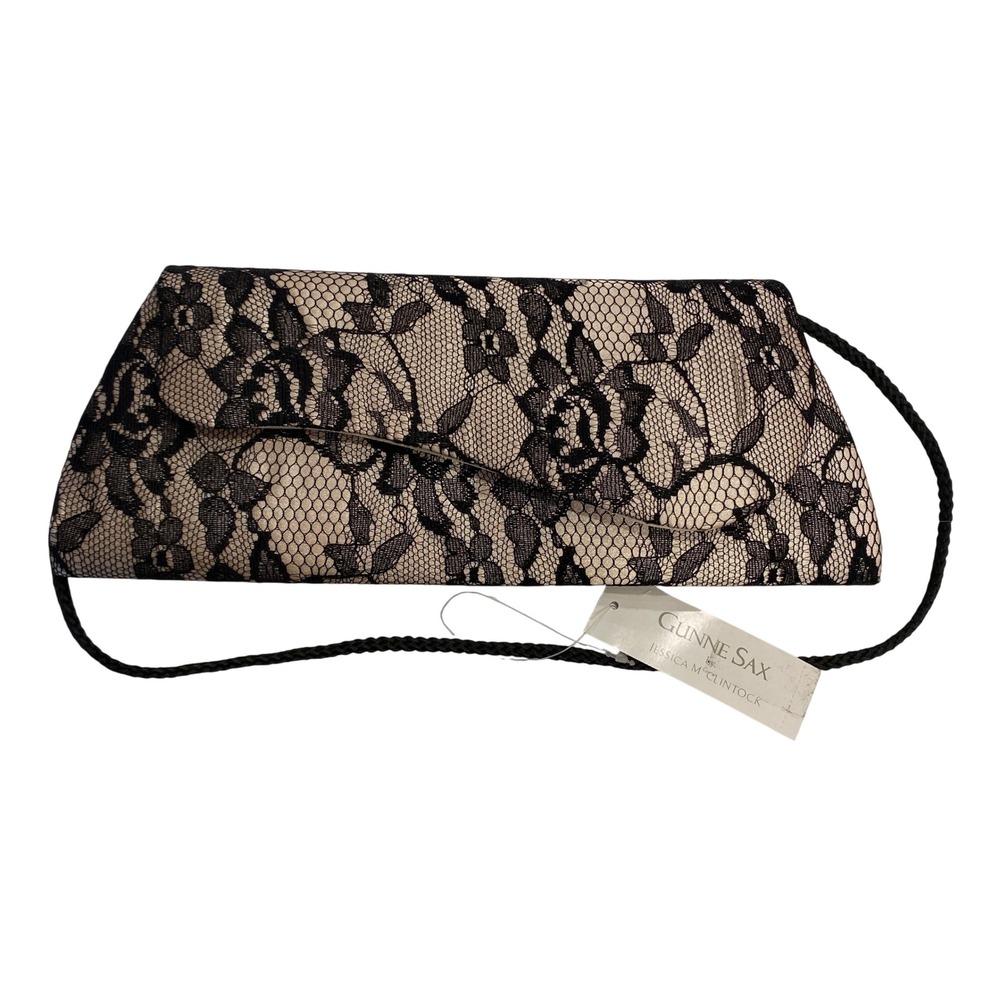 Gunne Sax Jessica McClintock Black Lace Champagne Satin Evening‎ Clutch Bag NWT